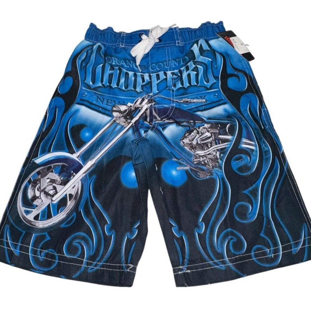 NWOT Y2K Orange County Choppers Boys Swim Trunks Sz XS Blue Black Flames Moto